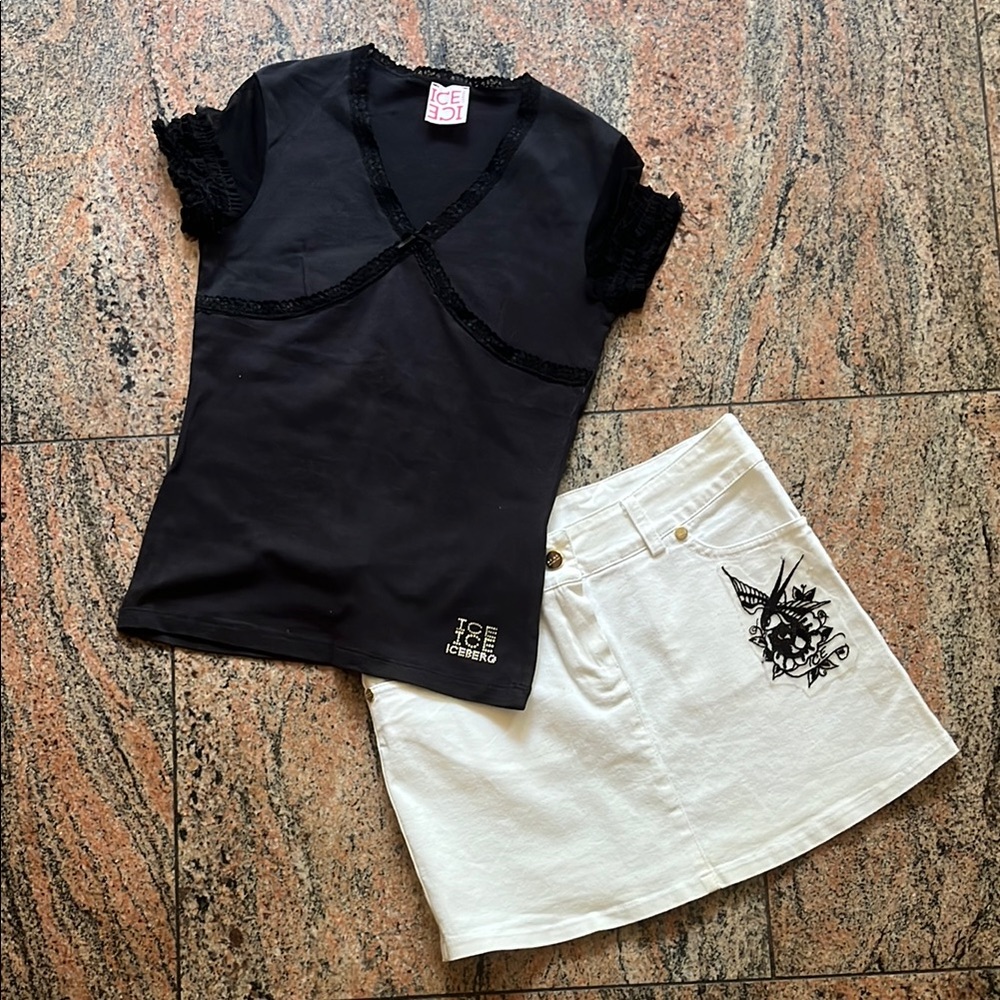 Iceberg outfit girls sz 12 black top white skirt set